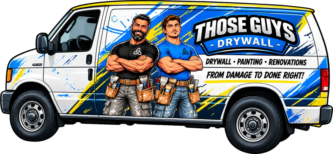 Those Guys Drywall work van wrapped with Jon and Connor and the company logo
